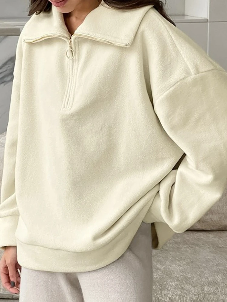

New in Autumn Winter Lazy Wind Knitted Lamb Velvet Beige Loose Casual Sweater Versatile Lapel Sports Women's Top Sweaters Sueter