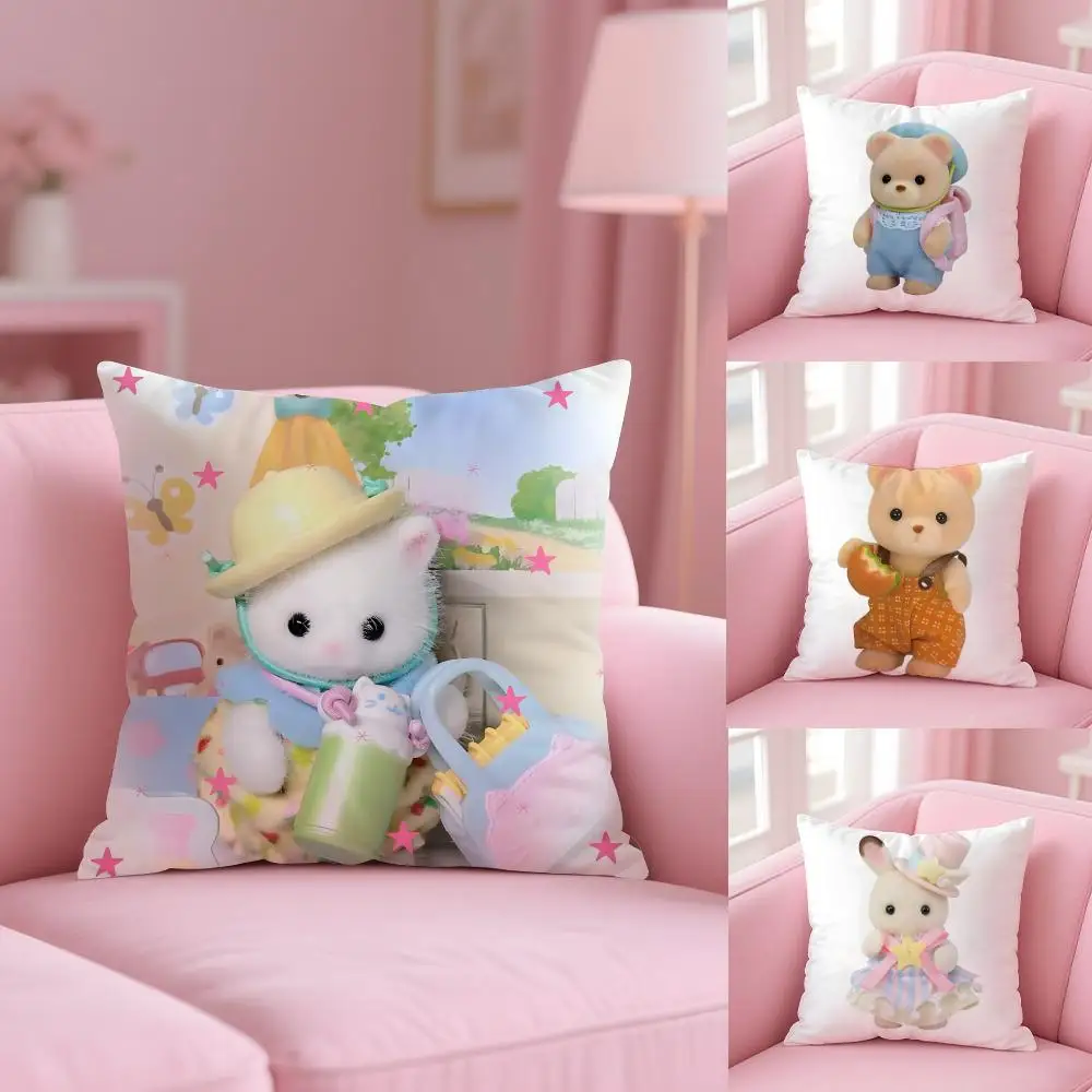 S-SylvanianS F-Families Linda funda de cojín de tela de felpa suave con estampado de doble cara sofá cálido invierno regalo para el hogar funda de almohada