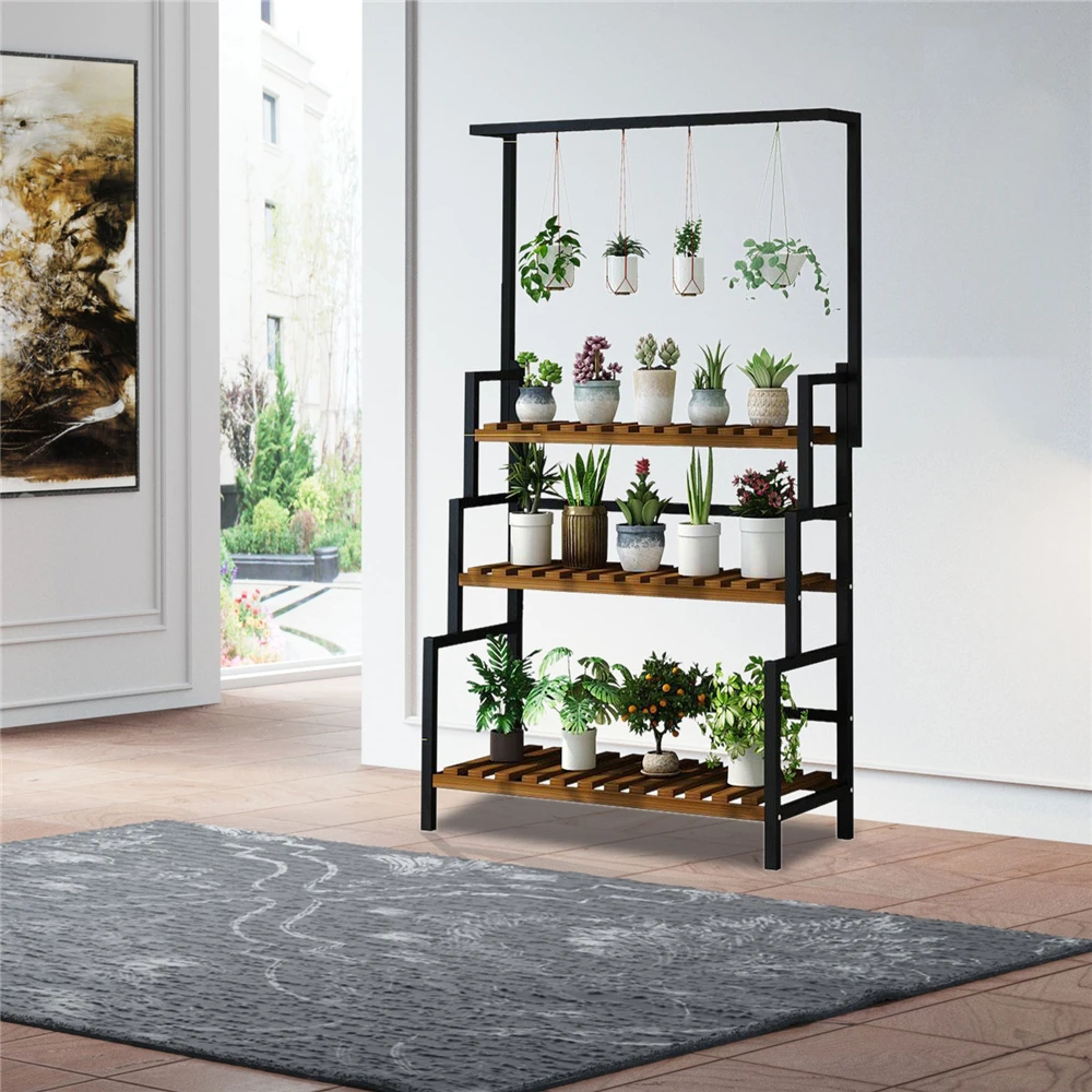 Cesta suspensa de três camadas, rack de flores 80*34*173cm, rack preto, vaso de flores, prateleira, jardim, exibição interna e externa