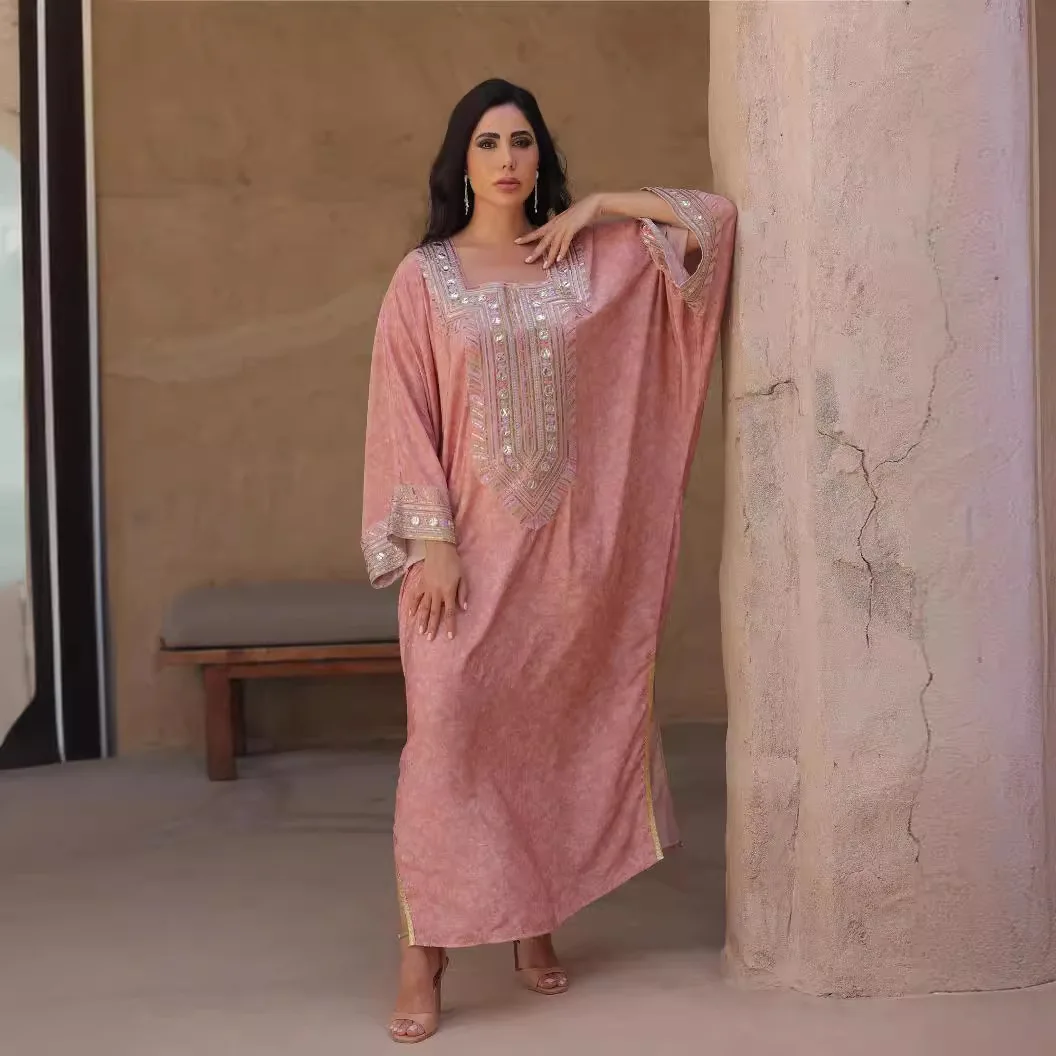 

No stock light order, gold bead embroidered Muslim female jalabiya Dubai Arab pullover aba