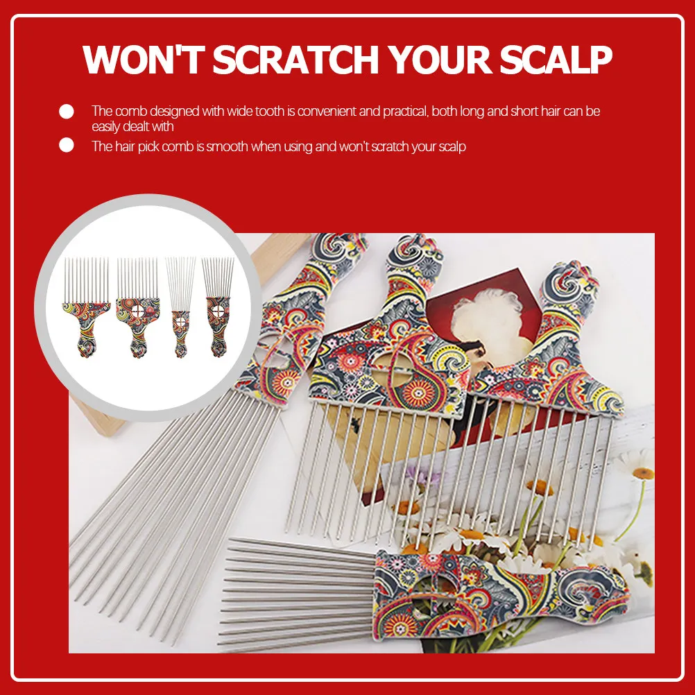 4pcs Hair Lift Combs Pick Comb Afro Curly Styling Tool Oil Head Wide Teeth Stainless Steel Detangling Long Short Hair