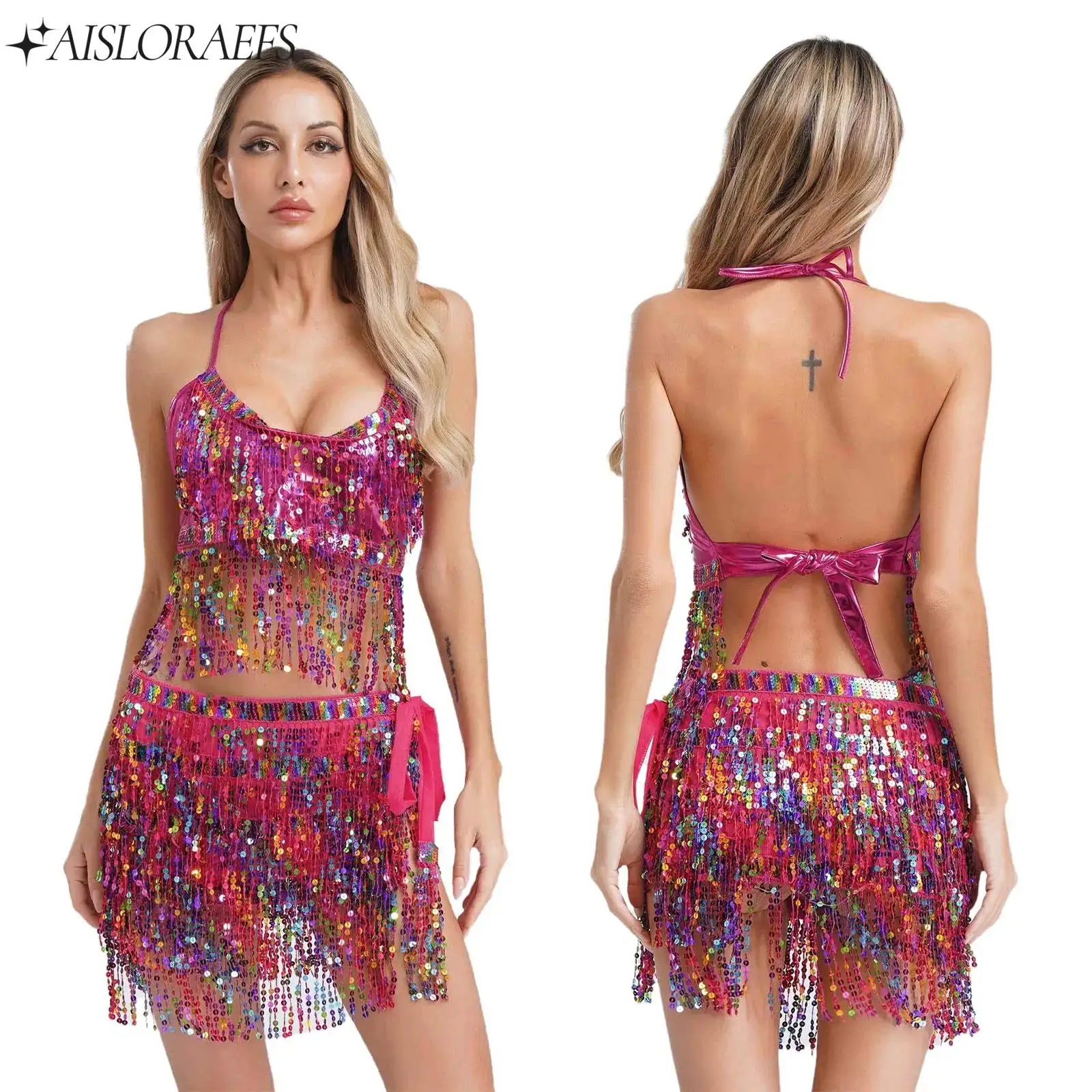 

Sexy Women Belly Dance Outfit Halter Tie Up Bra Tops Hip Scarf Set Shiny Sequin Tassels Stage Costume for Cha-Cha Samba Dance