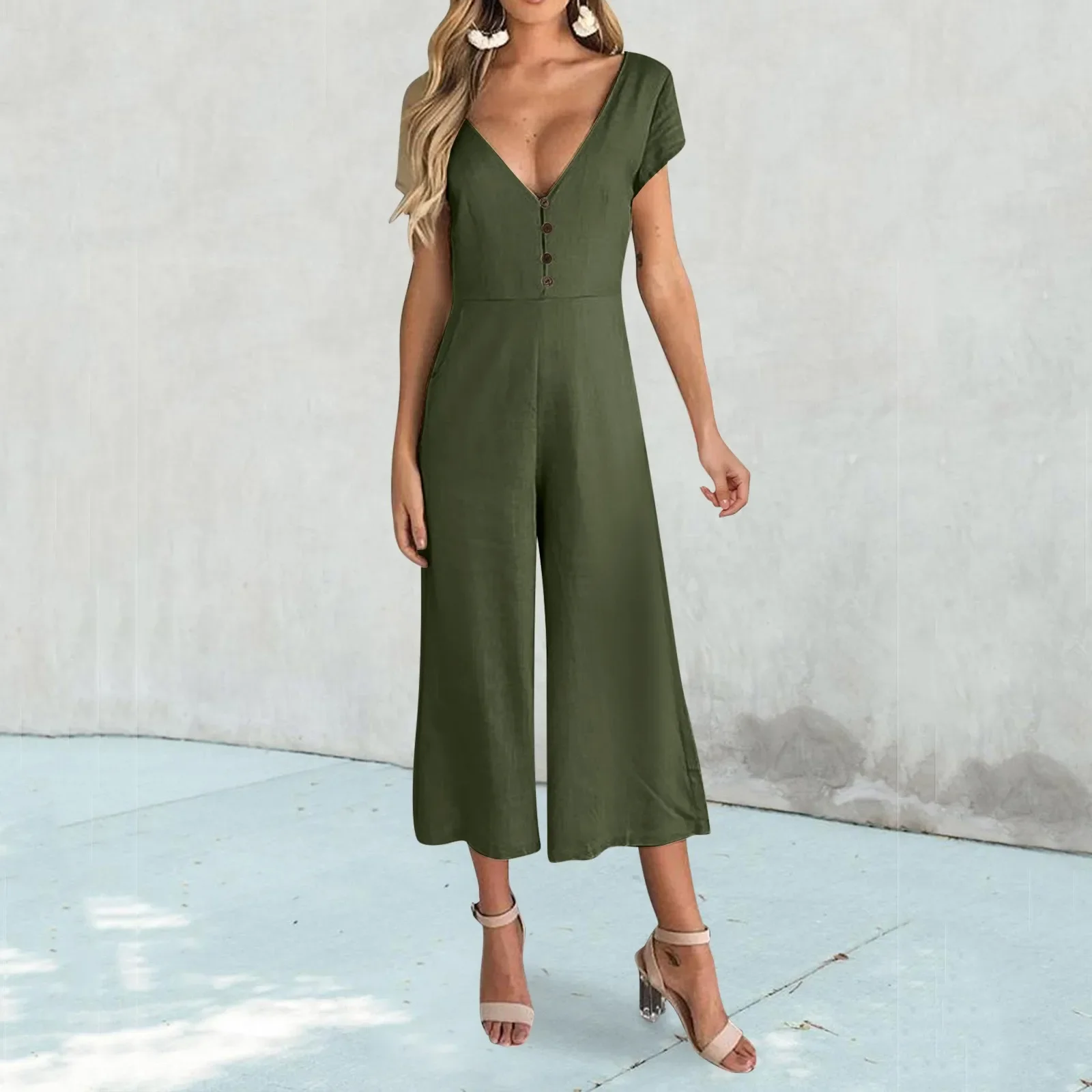 Women Loose Jumpsuit Summer Casual Wide Leg Pants Elegant Solid Overalls Sleeveless Pocket Jumpsuits Office Women\'s Trousers