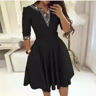 Women Diamond Bodycon Dress Belt Summer Party Dresses Black V Neck Long Sleeve Casual Loose Elegant A Line Long Y2k Vestidos