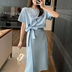 Women Dress Sets Short Sleeve T-shirt+Skirt 2Pcs Suit Letter Print 2024 Summer Fashion Streetwear Female Casual Loose Outfits