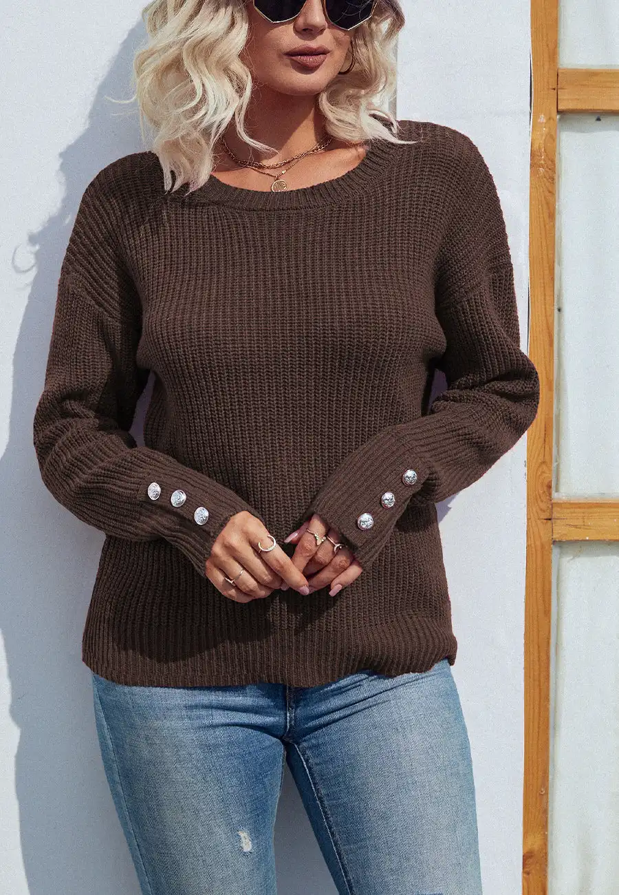 

Chic Knit Scoop Neck Sweater with Faux Button Embezzled Cuffs Trendy Fall Winter Pullover Tops for Women