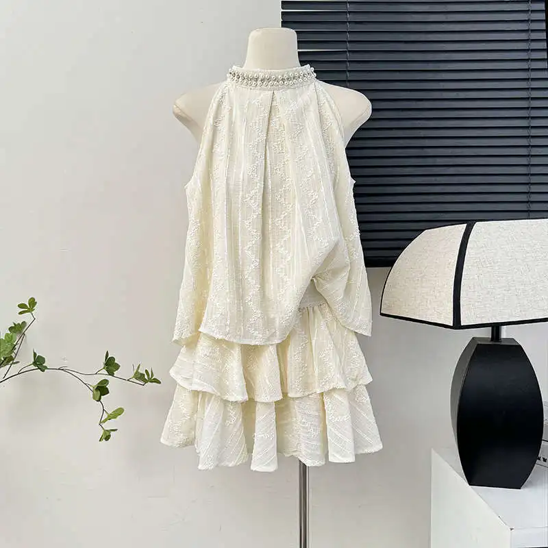 

Two Piece Sets Womens Outifits High-end Niche Temperature Beaded Halter Neck Off-shoulder Jacquard Shirt and Ruffled Cake Skirt