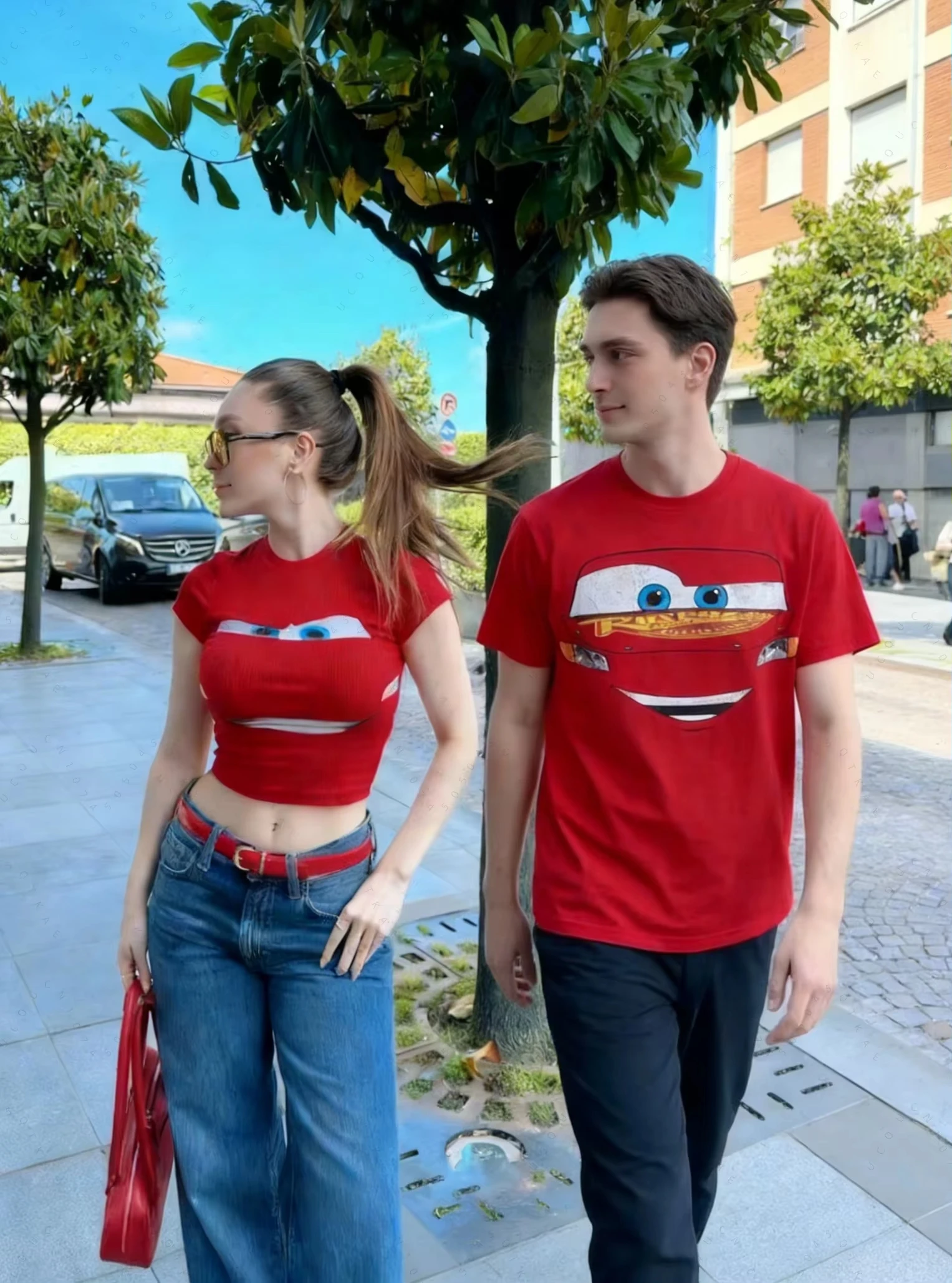 2026 New Casual Summer Couples Lightning McQueen Retro Graphic Oversized Matching T-Shirt Loose Couple Outfits crop top Suit