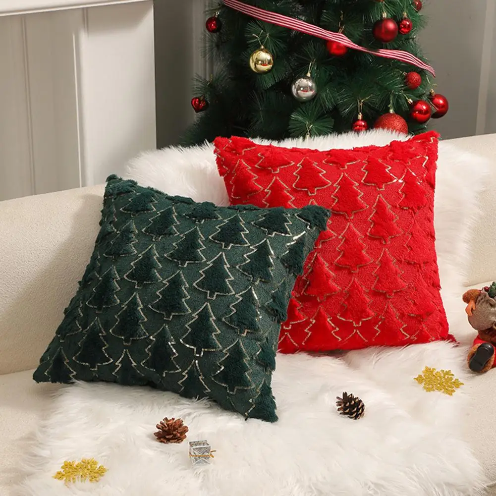 Velvet Throw Pillowcase Sequin Christmas Tree Pattern Zipper Pillow Cover Bedroom Living Room Sofa Decoration Cushion Cover