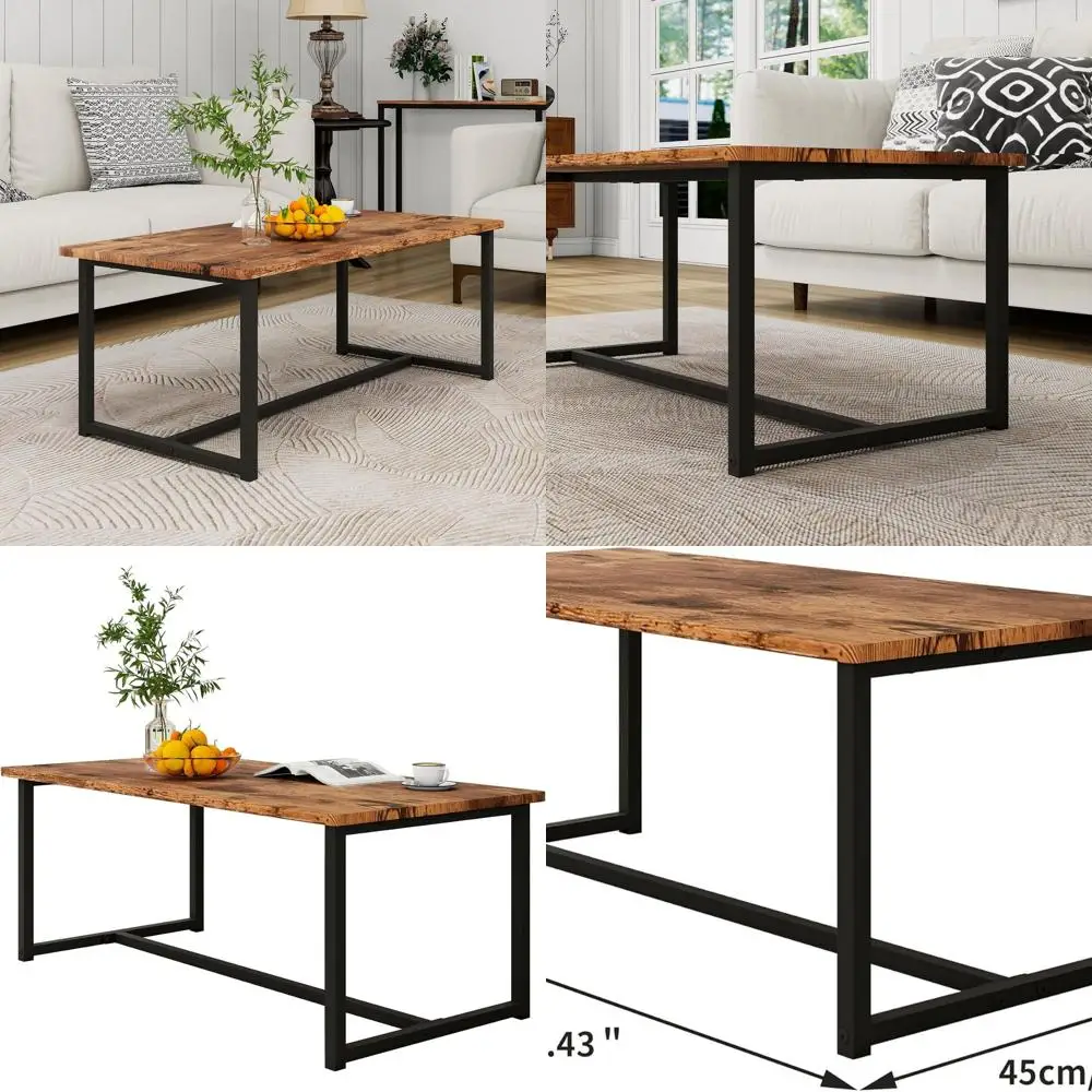 โต๊ะกาแฟในห้องนั่งเล่นทรงสี่เหลี่ยมพร้อมโครงโลหะ ประกอบง่าย สีดำและสีน้ำตาลแบบชนบท