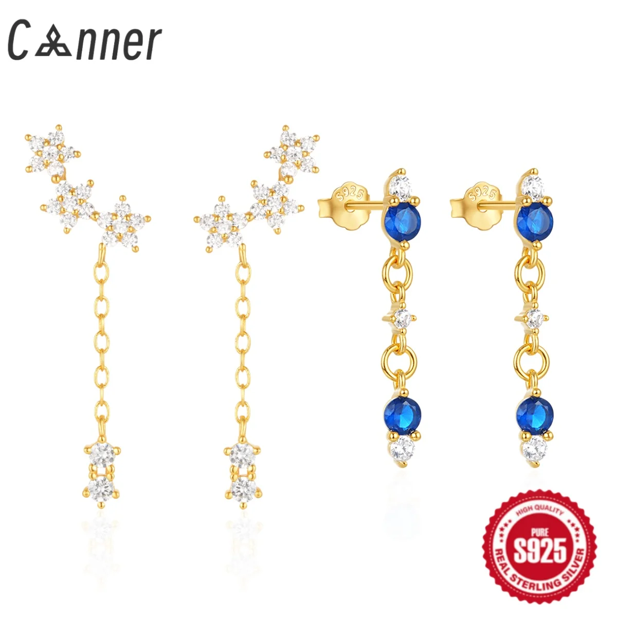 CANNER 925 Silver Exquisite Three Flowers Light Drop Earrings For Women Luxury Sapphire Tassel Chain Ins Fine Jewelry Party Gift