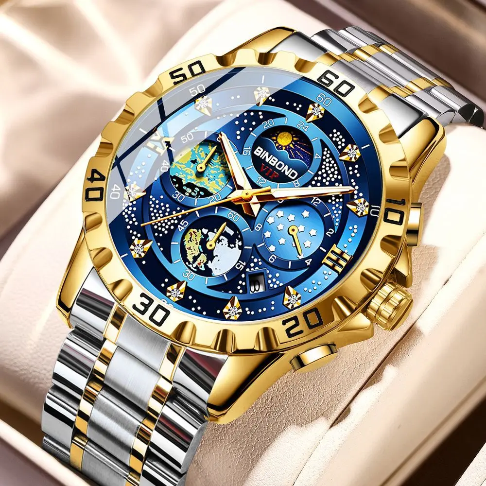Men's Watch Fashion Business Luxury Calendar Night Light Steel strip Waterproof Watch Six Pin Multi functional Clock