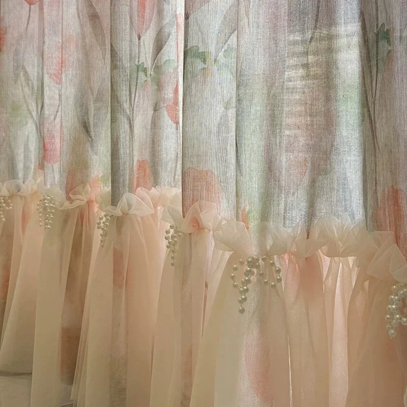 Pink Tulip Oil Painting Printing Cotton Linen Window Screen Splicing Curtains for Living Room Bedroom French Window Customized