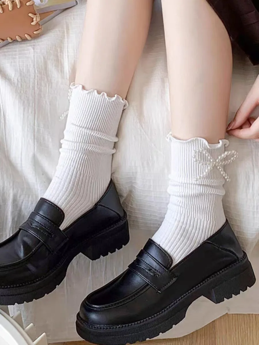 Women Socks Cotton Female Thin Cute Sweet Kawaii Lolita Harajuku Summer Pearl Stockings Lace Sock White Black Ruffle Girls Sox