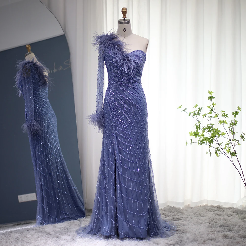 

Sharon Said Luxury Feather Dubai Blue One Shoulder Side Slit Mermaid Evening Dress Wedding Prom Formal Dresses SS229 Customized