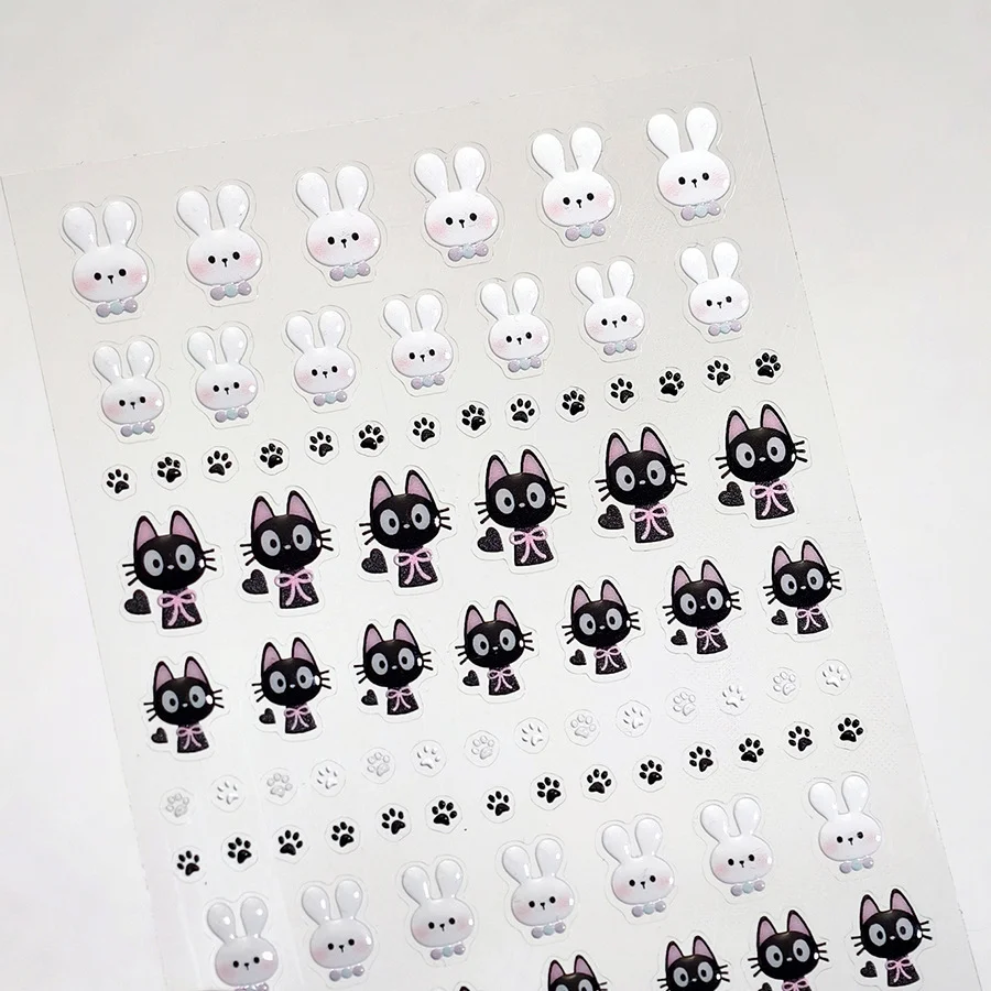네일 아트 스티커 사랑스러운 토끼 5D 부조 매니큐어 데칼 만화 검은 고양이 흰 토끼 새끼 고양이 발 귀여운 3D 젤리 자기 접착제