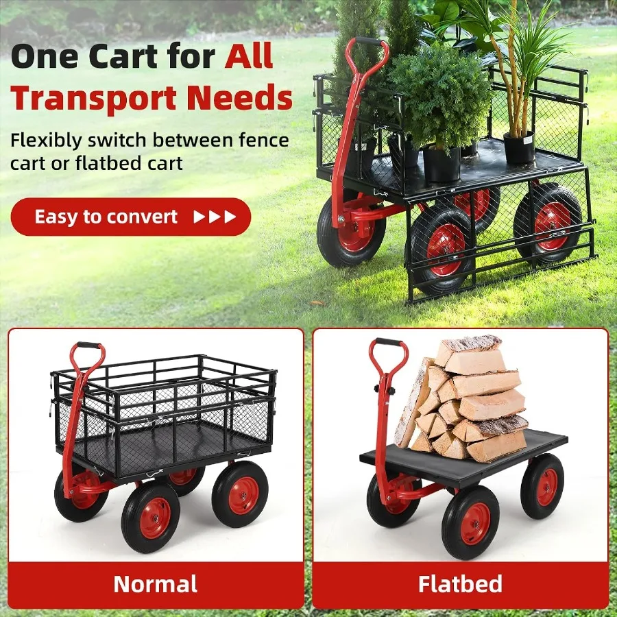 1400 lbs Steel Garden Cart, Heavy Duty Metal Yard Utility Wagon with Removable Mesh Sides, 2-in-1 180° Rotating Handle and 16 i