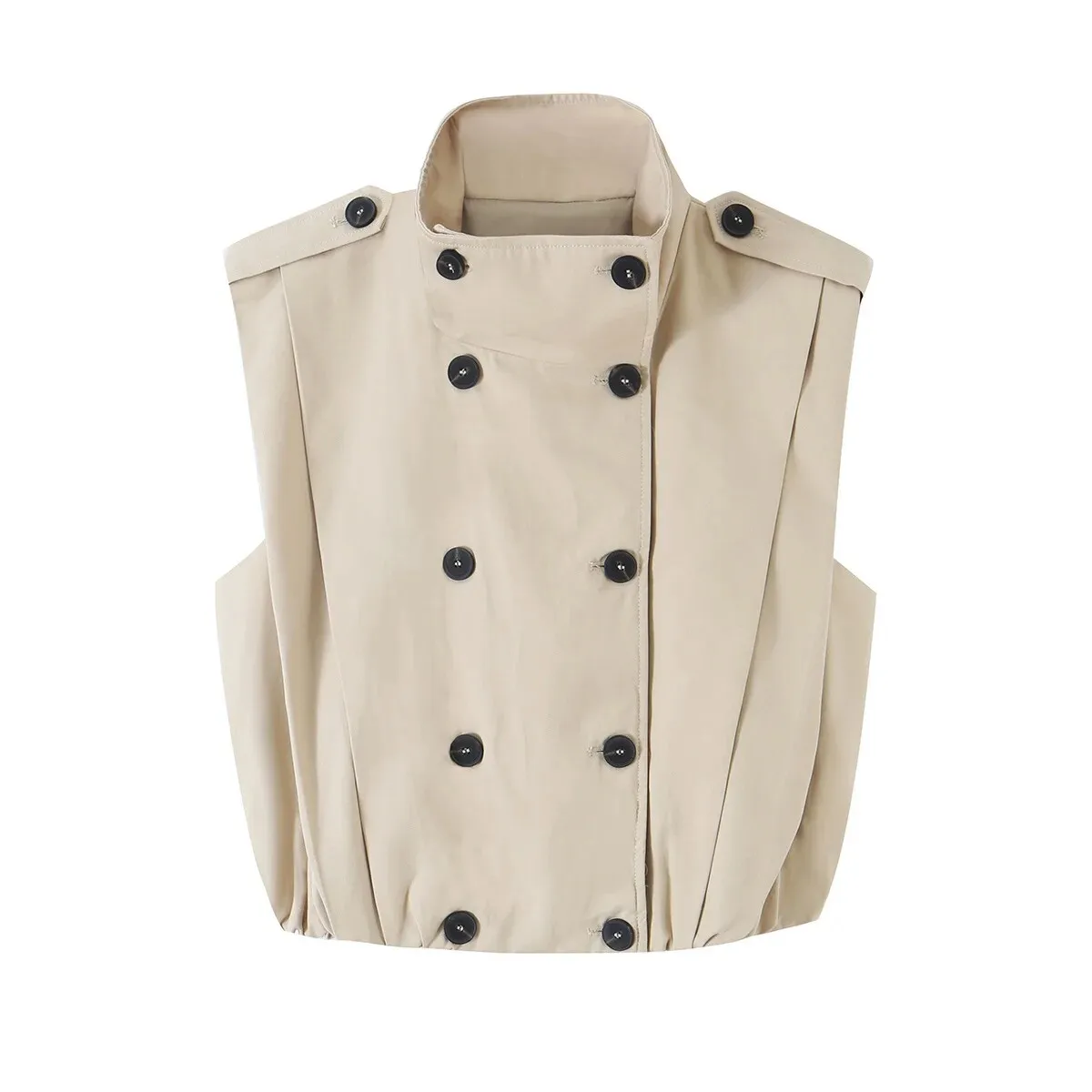 European and American 2026 autumn new style simple and fashionable easy-matching sleeveless stand collar pleated row button vest
