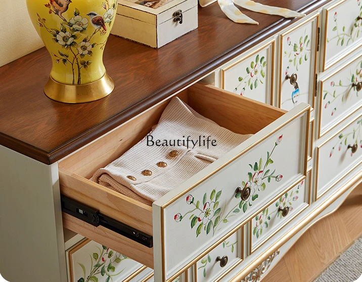 American Bedroom Solid Wood Chest of Drawers Tailstock Painted Vintage Storage Cabinet Storage Strip Chest of Drawer