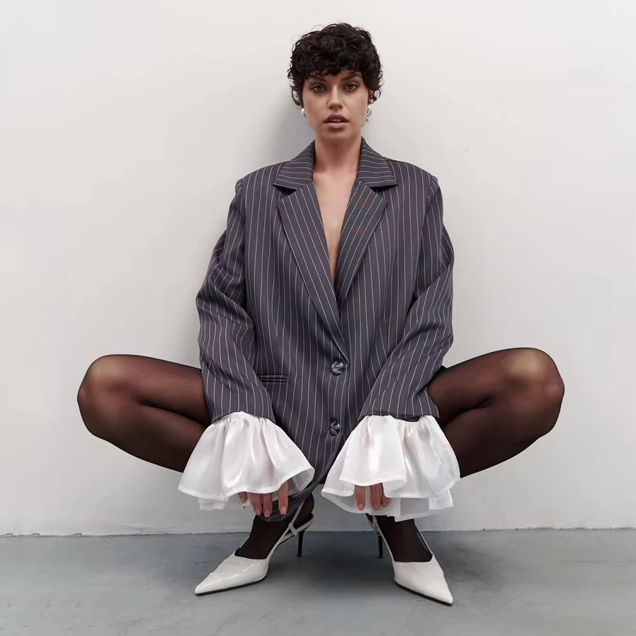 

Winter New Loose Burgundy Luxury Blazer Women Clothing Long Sleeve Striped Blazers Elegant Women Coat Causal Outerwears