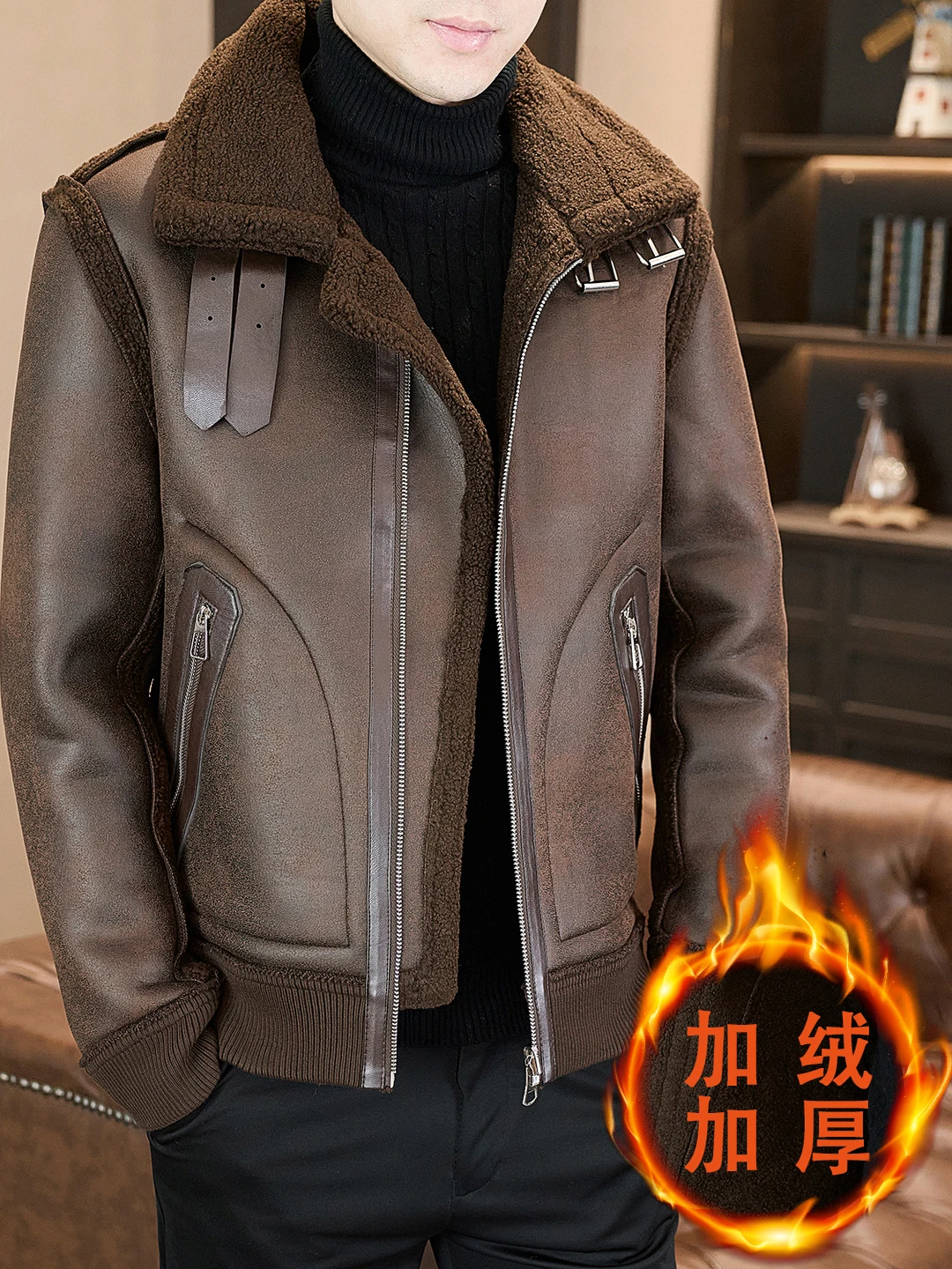 

High-End Men's Leather Fur Jaet Thiened Lamb Fur Inner Warm Outerwear Casual Sle Zipper Closure Long Sve Regular Fit