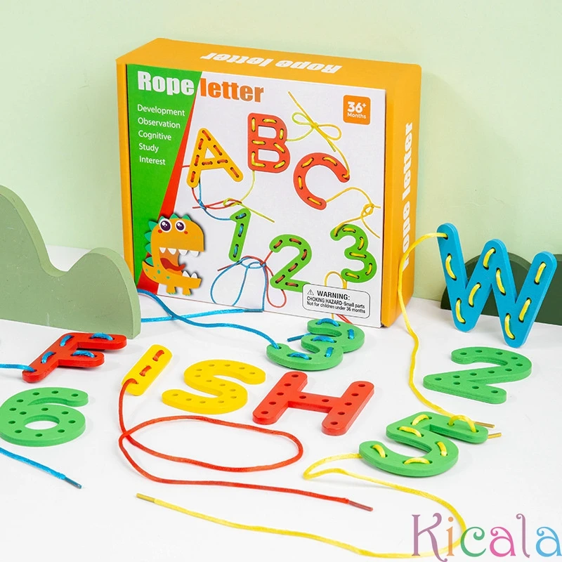 Alphabet and Number Threading Toy Early Learning Letter Recognition and Fine Motor Skills Toy Wooden Number Letter Rope Game