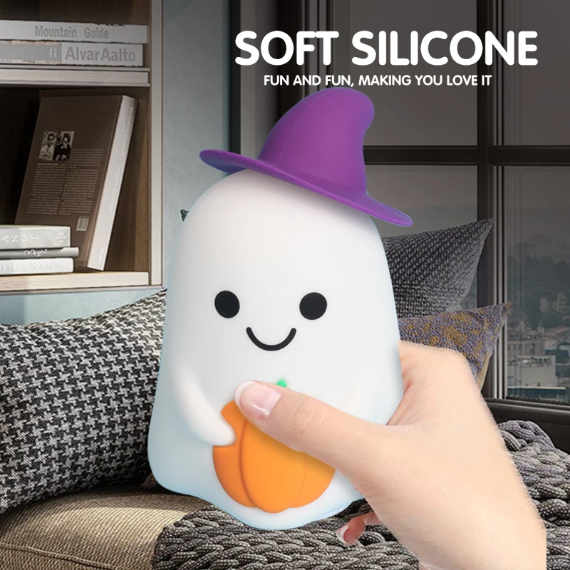 Mainan Halloween Menarik yang Bercahaya, Lampu Tidur Silikon Bentuk Hantu, Mainan Bercahaya Atmosfer yang Dapat Diisi Ulang