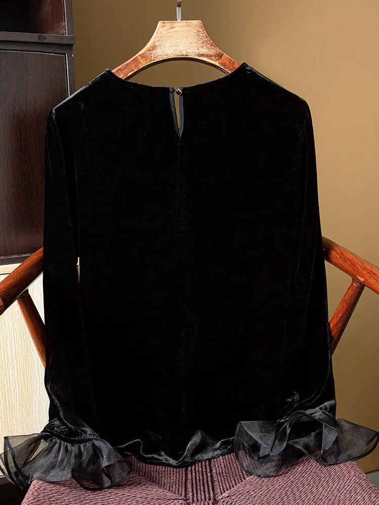 Winsleter-Bottom 100%Real Silk Elegant Velvet T-shirt, Flare Sleeve Organza Patchwork, Woman OL French Top, 2026 Spring T62240CC