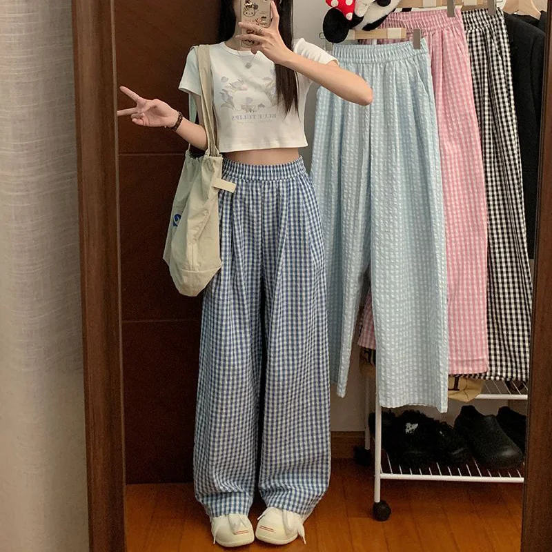 

Женские шикарные клетчатые брюки с высокой талией, Лидер продаж, женские классические мешковатые длинные брюки, корейские модные прямые брюки для девочек
