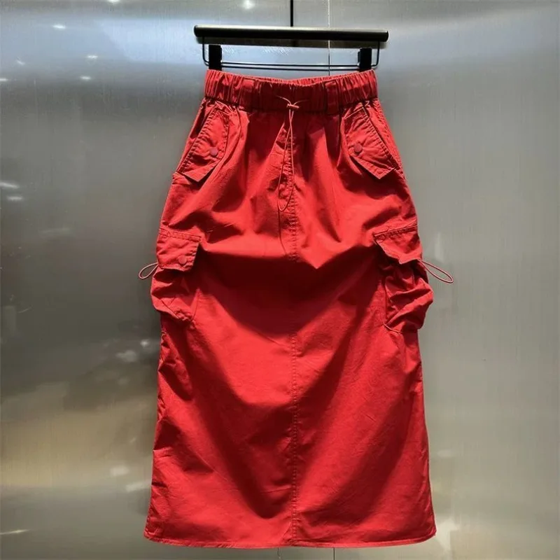 Women Y2k Cargo Long Skirt High Waist Drawstring Maxi Skirt Ruched Vintage Split Elastic Waist Cargo Skirt with Pockets