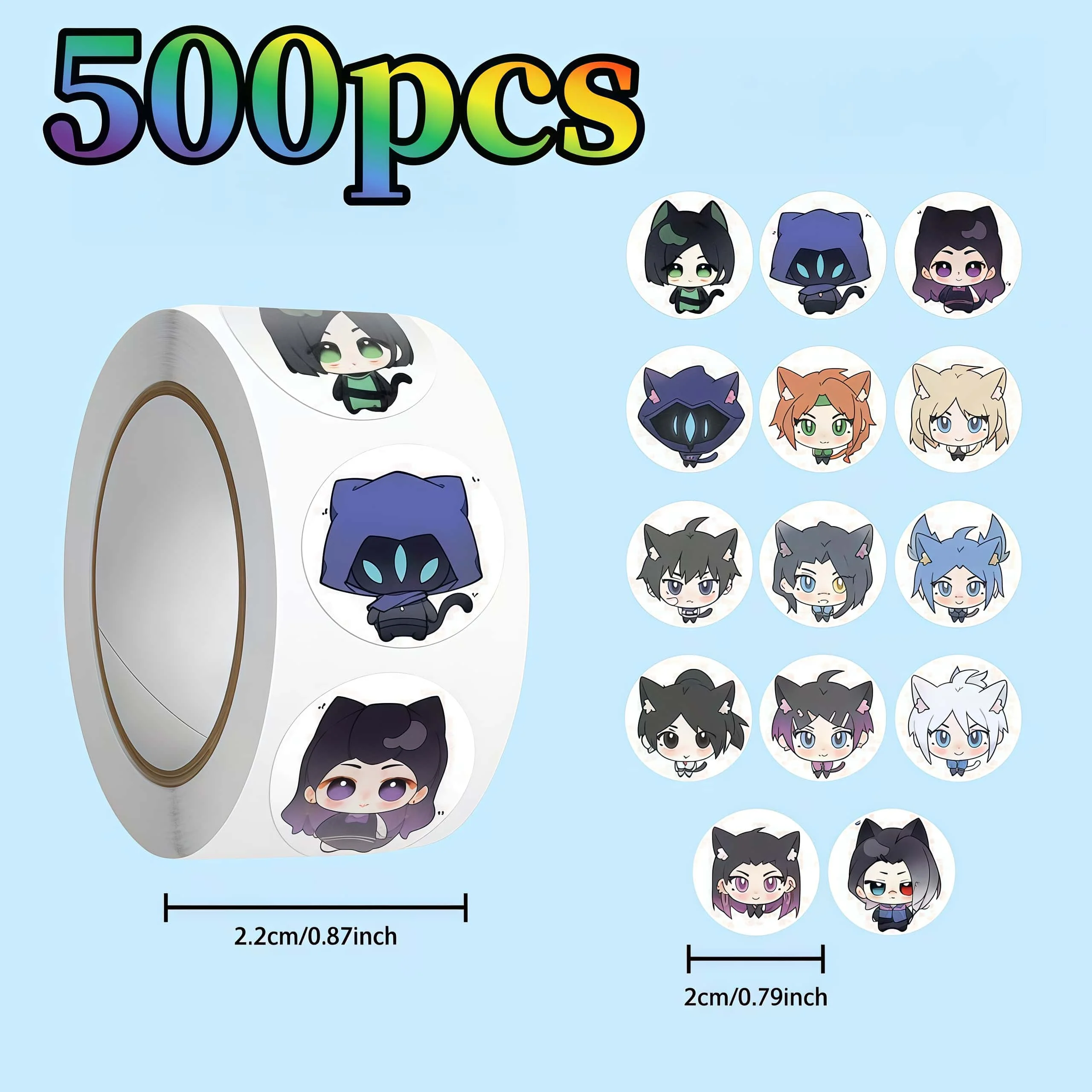 500Pcs Valorant Cat Ear Chibi Round Sticker Roll, Cute Game Agent Cartoon Labels for Packaging Journal Gamer DIY Decor