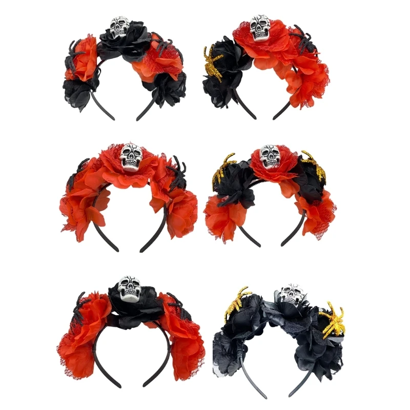 Scary Skull Headband for Kids Halloween Día Muertos Flower Theme Parties Dark Skeleton Headband with Colorful Rose