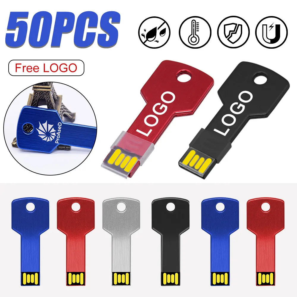 Clé USB en métal avec logo gratuit, clé USB, 128 Go, 64 Go, 32 Go, 8 Go, 4 Go, clé USB, 128 Mo, 512 Mo, 50 pièces par lot, 2.0