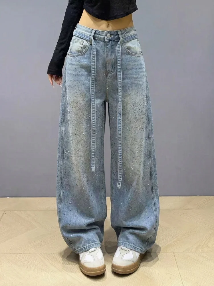 

High Waist Wide Leg Skinny Jeans Women's American Retro Diamond Embellished Loose Floor-Length Trousers Fashionable Slimming