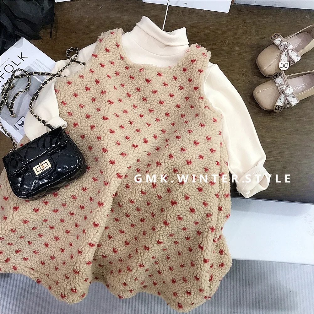 

Children Girl Woolen Sundress Autumn Winter Toddler Girl Floral Printed Sundress Loose Thicken Warm Sleeveless Little Girl Dress