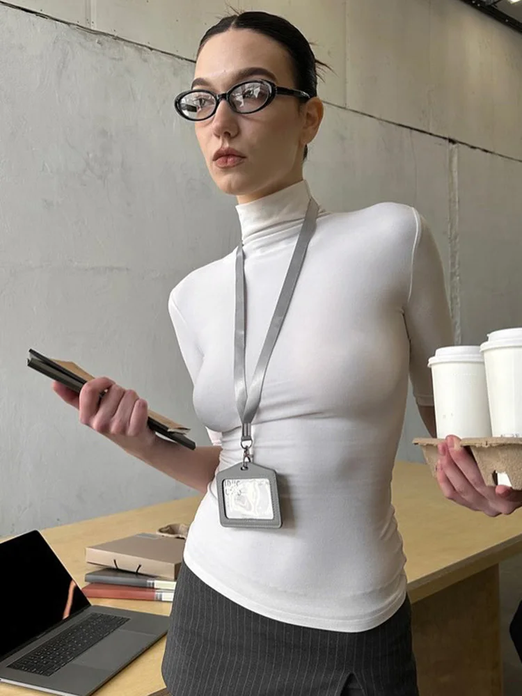 Damen Rollkragenpullover mit Halben Ärmeln, Figurbetontes Strick-Oberteil, Einfarbig, Dehnbar, Basis-Layering-Shirt für Büro und Alltag – Detail 5