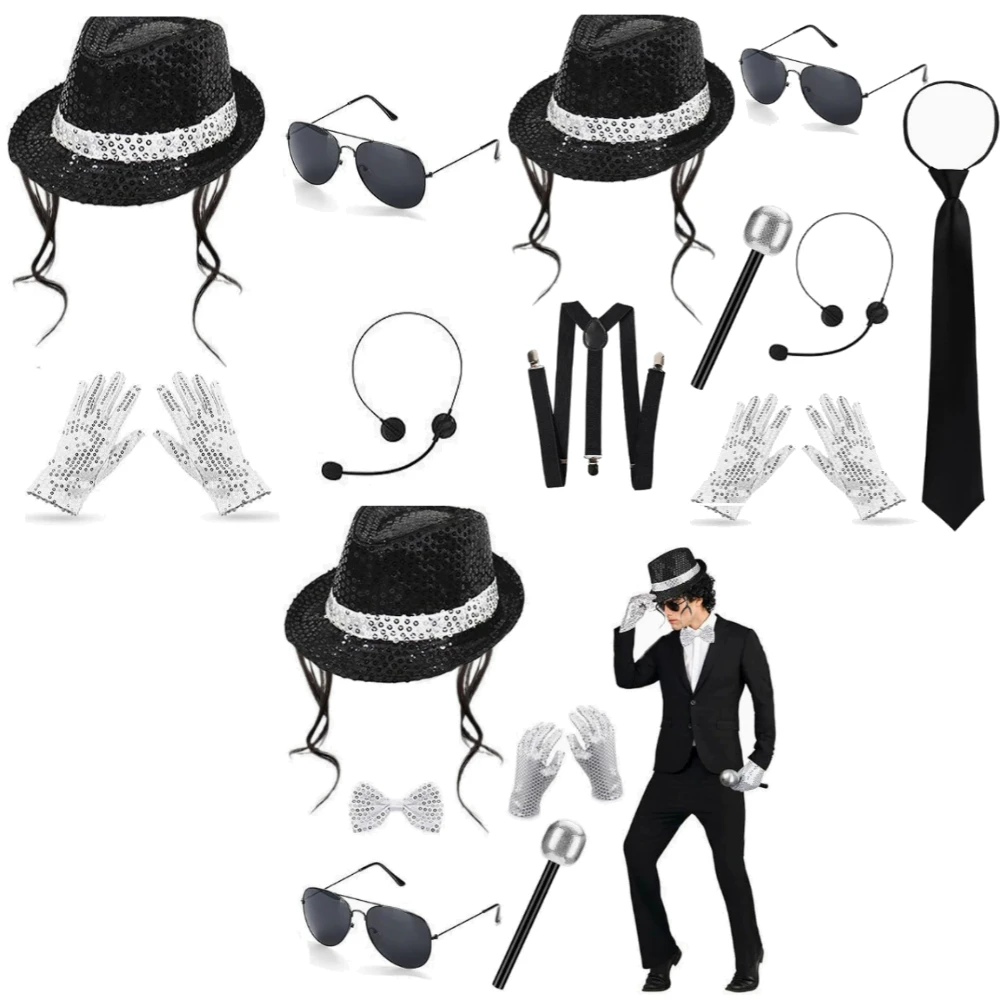 

7PCS/SET﻿ 70s 80s Disco Outfits Dance Star Costume Accessories Set-Fedora Hat,Sunglasses,Microphone,Headset,Tie,Gloves&Suspender