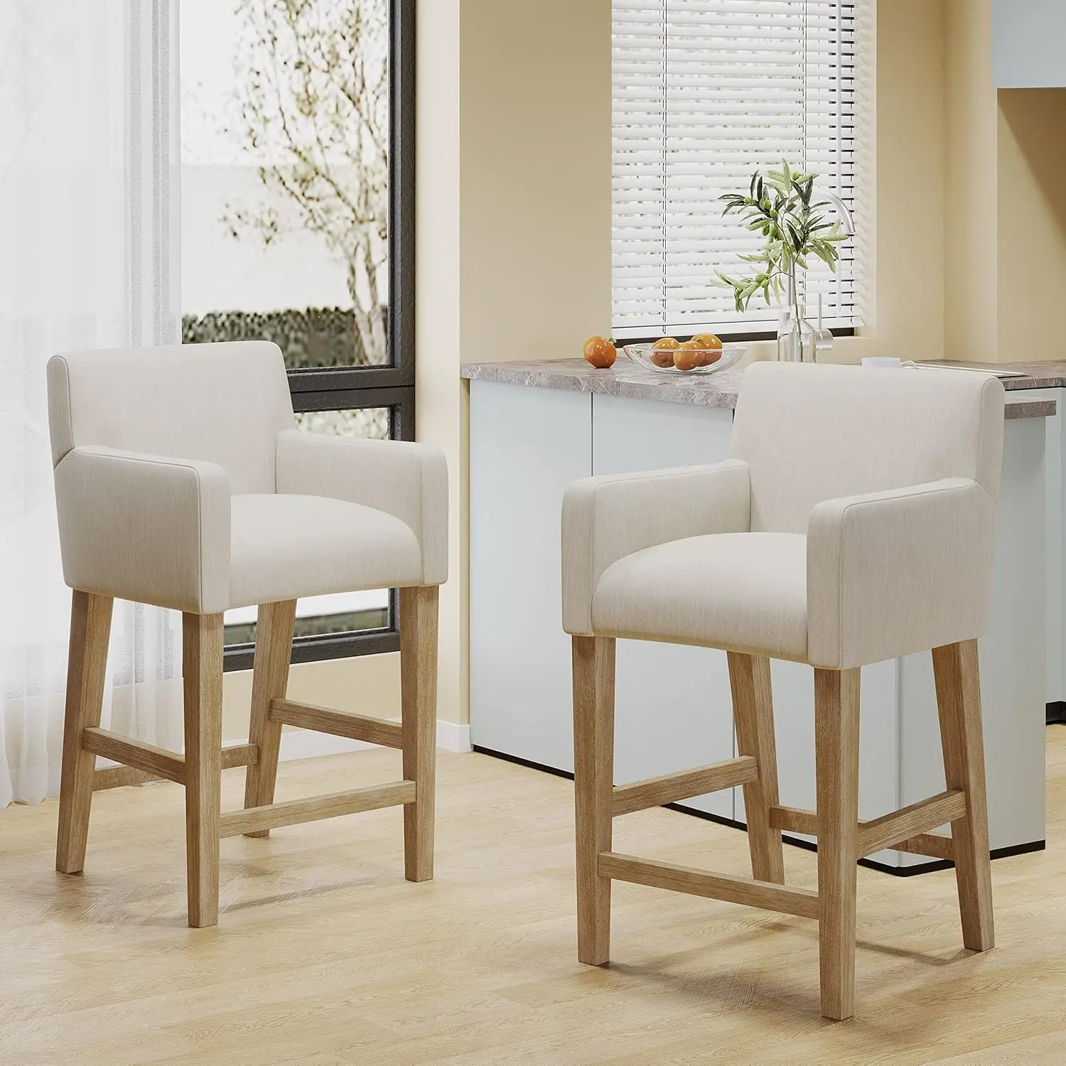 Armga Upholstered 26 Inch Counter Stools - Beige/Weathered Natural (Set Of 2)
