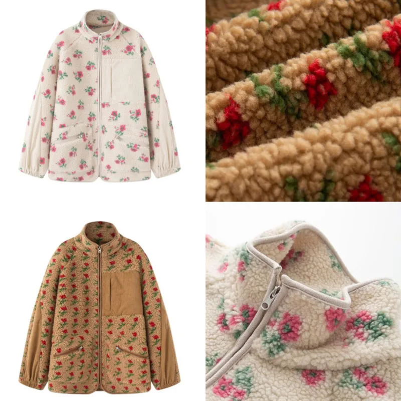 

Lamb Fleece Floral Jacket Hoodie Top Women European And American Flower Fashion Hoodie Stand Up Collar Long Sleeve Coat Top New
