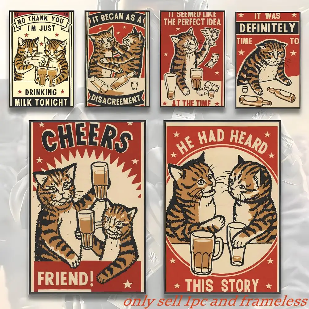 Funny Cheers Drunk Cats Art Poster Modern and Elegant Wall Stickers for Home Decor Living Room Dormitory Wall Art