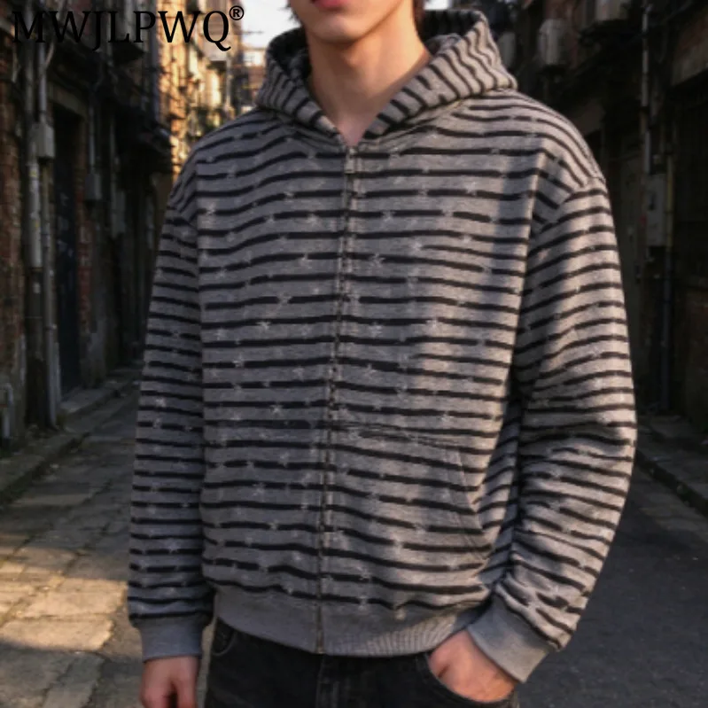 MWJLPWQ American Retro Striped Hoodie Men's Long Sleeve Casual Outerwear Autumn Zip-Up Relaxed Fashion Style 2026 Autumn 21388