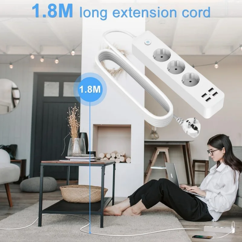 2200 واط المعيار الأوروبي 3 فتحة مقبس الطاقة + 4 منفذ USB القياسية مؤرض قطاع الطاقة 3 الاتحاد الأوروبي التوصيل مآخذ مع كابل تمديد 1.8 متر