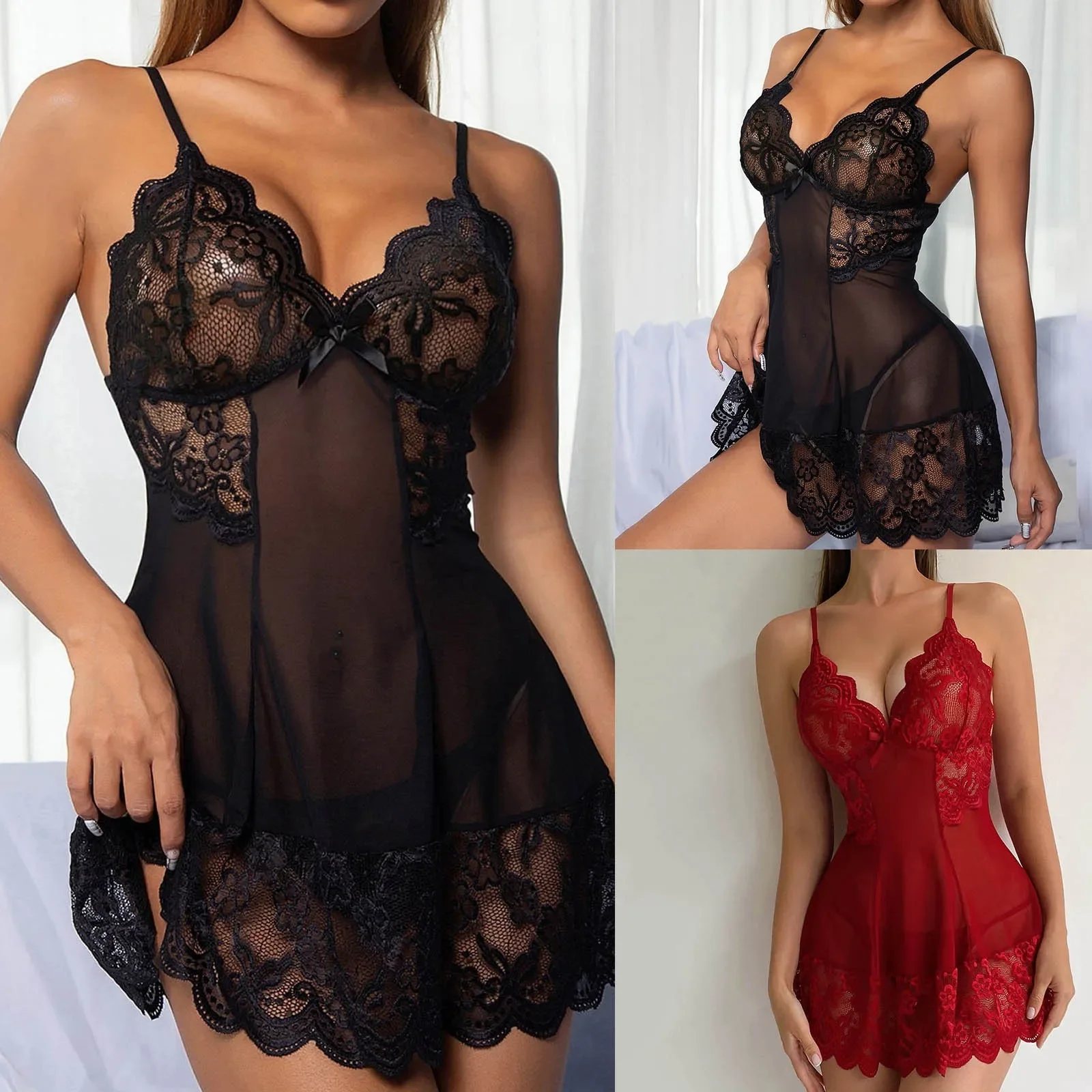 Floral Lace V-neck Strap Night Dress with Thong Set Sexy Lingerie Woman Nightie Lace Lingerie Nightgown Exotic Babydoll Dresses