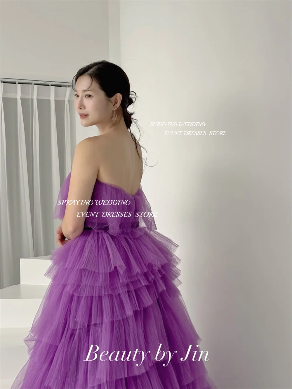 SPRAYING Abito da sera in tulle viola fata Corea Servizio fotografico di matrimonio Senza spalline Una linea Abito da festa lungo a strati Corsetto personalizzato