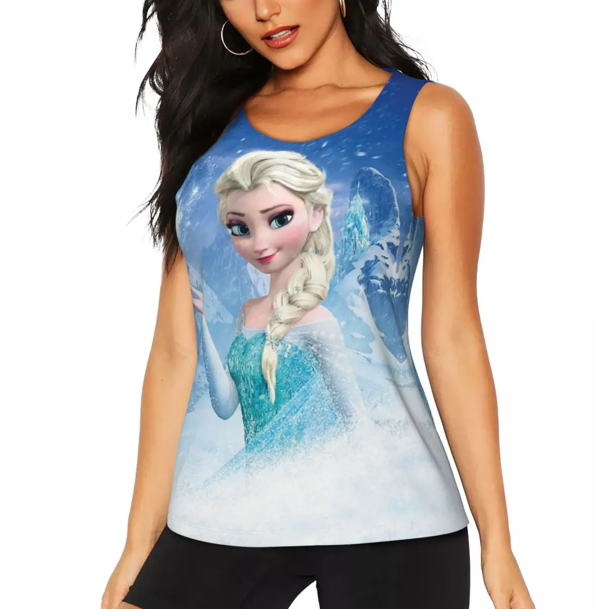 Custom Cartoon Anime Frozen Princess Elsa Workout Tank Tops for Women Quick Dry Sleeveless Yoga Shirts