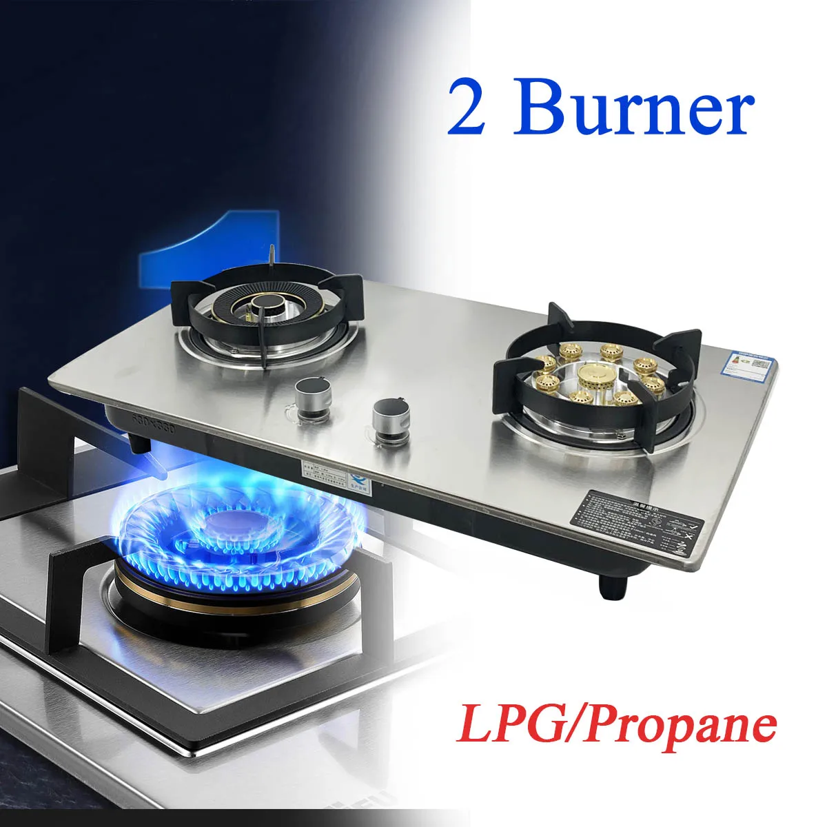Double Burner Gas Cooker Stainless Steel Gas Stove LPG/Propane Gas Hob Double Flame 4.5KW Left+5.2KW Right Burner