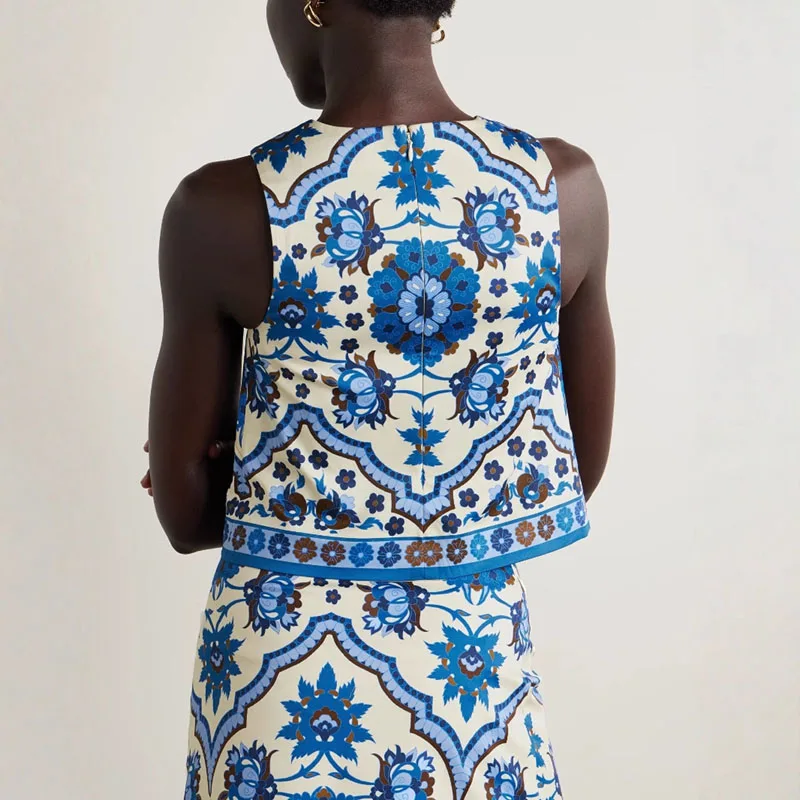 Azul impresso vintage mulher roupas 2025 primavera em torno do pescoço regatas & mini saia 2 peça conjunto verão sem mangas zip terno outfits