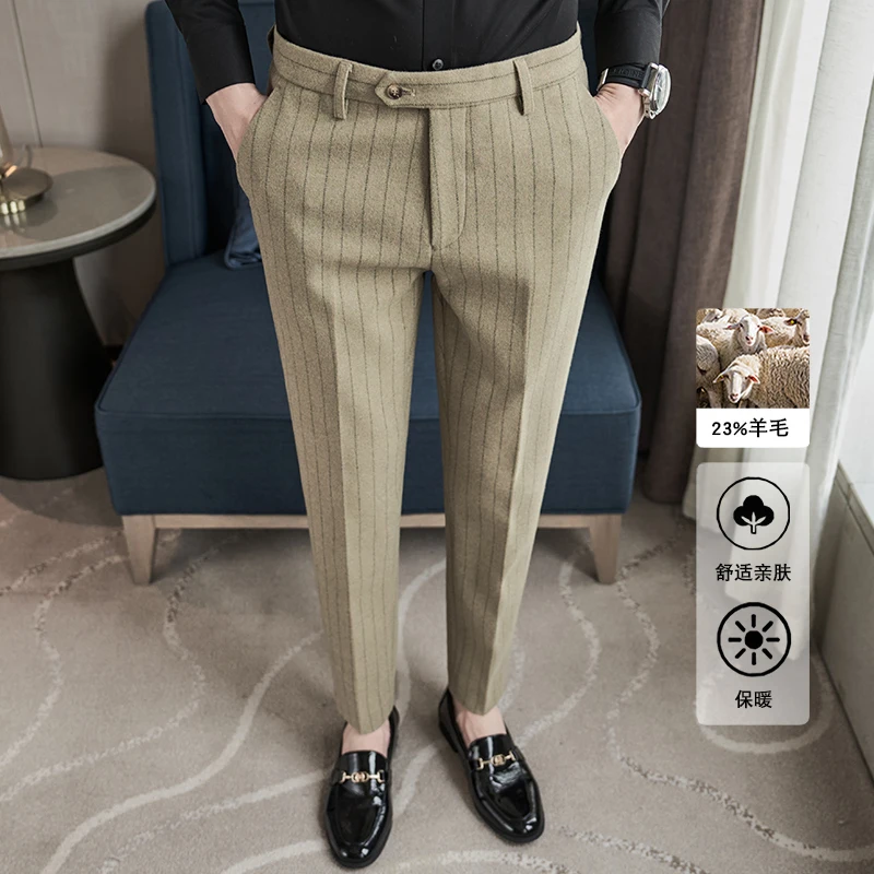 Men's Fall Winter 2023 Wool Classic Tweed Striped Clothing Straight Male Retro Winding Slim Fit Business Suit Pant Trousers N89