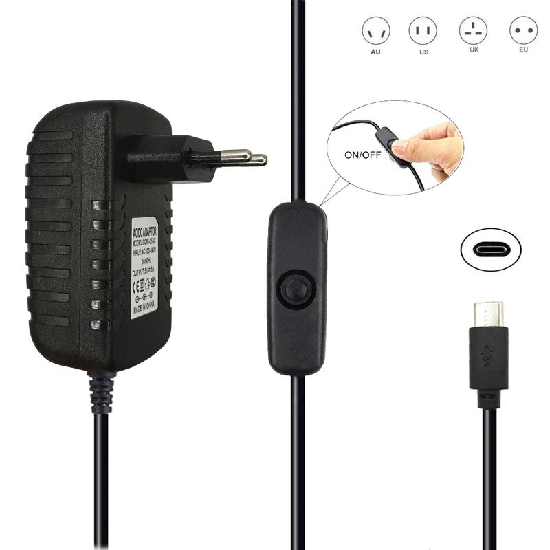 AC100-240V DC 5V 3A Power Supply Adapter with Switch Button USB Type-C Fast Charger for Raspberry Pi 4 Model B 4B Power Cable