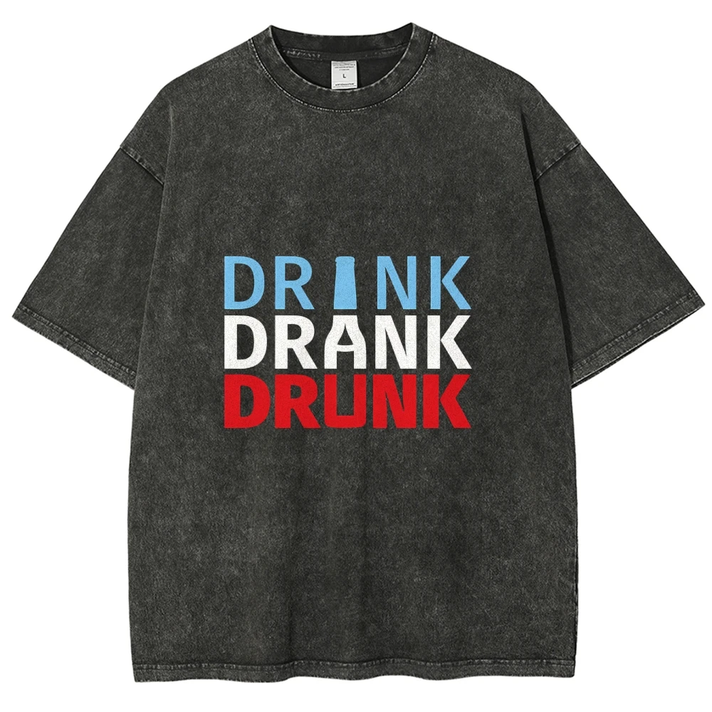 

Unisex Fit Washed Tees DRINK DRANK DRUNK Printed Women Men T-Shirt Cotton Oversized Funny Graphic Tees Beer Men Summer Tops